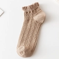 Khaki mid-calf knit socks with twist cable pattern and ruffled bubble cuff design - No-Show Socks / Khaki