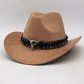 Western cowboy hat in tan faux suede featuring bull skull charm and ethnic band - One Size 56-60cm / Camel (Colorful Bull)