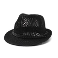 Unisex zwarte ademende gebreide jazzhoed met leren band voor zomerse mode-stijl - M (56-58cm) / Zwart