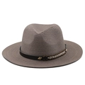 Detail of a dark brown straw fedora hat featuring a black leather band and metal buckle - M / Dusty Rose