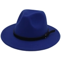 Detailed view of navy wool fedora hat featuring a black strap and gold metal ring buckle - Sapphire Blue