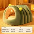 Green plush caterpillar cat bed with small ears and a hanging ball toy in size S M L - L / Green