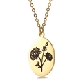 Golden stainless steel necklace featuring an oval pendant with a double flower engraving - November Chrysanthemum (KN227556-Z)