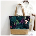 Tropical monstera and floral canvas tote bag with khaki linen straps and base detail - Cyan Wide Leaf
