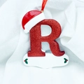 Sparkly red letter R Christmas ornament with Santa hat and customizable name tag - Letter R