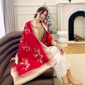 Sciarpa invernale in finto cashmere rosso con motivi floreali e bordi a frange - Rosso