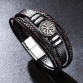 Men's multilayer braided leather bracelet with viking compass and magnetic clasp - 21.5cm / Brown