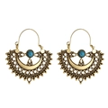 Boucles d'oreilles bohèmes dorées évidées avec perles bleues de forme éventail - Or Antique avec Perles Bleues (8457)