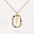 S925 sterling silver gold necklace with colorful zircon oval pendant and letter F - 925 Silver / Letter F (Gold)