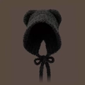 Winter plush bear ear hat in black fleece with chin bow tie for cold weather warmth - Lace-up Swallowtail Bear-Black