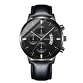 Close-up of Geneva business watch featuring black leather strap and luminous date dial - Leather Black Case Black Face Black Strap