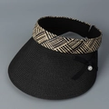 Detail of black straw visor with elegant bow and pearl accent on geometric woven band - M (56-58cm) / Black