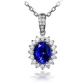 Silver halo necklace featuring a luxury oval deep blue gemstone with white diamond accents - Blue Diamond Necklace Xl-89
