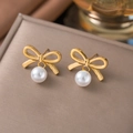 Pendientes de lazo en acero inoxidable de oro de 18k con perlas blancas colgantes - 【G404】Pendientes de Lazo de Perlas Dorado
