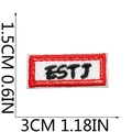 Détail de l'écusson brodé ESTJ avec bordure rouge et dimensions de 3 cm sur 1,5 cm - No 7 (Lettre ESTJ)