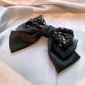 Elegant black satin hair claw clip with sequined mesh and bow design on white silk - 220# Black Sequin Mesh Satin Bow Clip