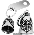 Detailed view of silver motorcycle guardian bell with wings and cross relief carvings - Cross Wings Bell (No Chain) + Loop + Gasket