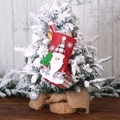 Detail of red Christmas stocking with Santa and tree hanging on a snowy branch - Red Santa Claus