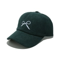 Detailed close-up of dark green corduroy cap with white bow embroidery and texture - M (56-58cm) / Dark Green