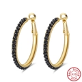 Chic S925 sterling silver hoop earrings in gold finish with black faceted bead charms - Black Pave Large Hoop - Gold