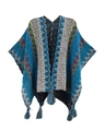 Ethnic knit poncho featuring blue and yellow geometric patterns with fringe tassels - Cardigans / Blue White
