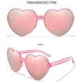 Detailed views of pink heart-shaped sunglasses with matching pink mirrored lenses - Pink Frame Pink Mirror