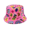 Detail van roze zonnehoed voor kinderen met Y2K-print, regenboog- en smilepatronen - Hoofdomtrek 52-54cm / Rozerood