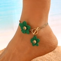 Golden snake chain anklet with green floral charms for a summer beach jewelry set - Gold Chain Anklet with Green Flowers (3596)