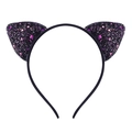 Kids black cat ear headband with purple glitter sequins on a slim plastic frame - Black