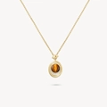 Golden necklace variant featuring a round brown tiger eye stone and zircon double rings - Necklace - Gold