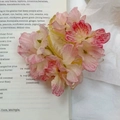 Floral hair claw clip with pink and yellow fabric flowers on vintage book background - Pink Flower Banana Clip