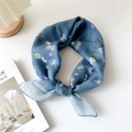 Blue cotton linen small square scarf featuring delicate white and pink daisy patterns - 14 Cotton - Red Stamen Chrysanthemum Blue Edge