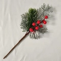 Artificial Christmas branch with red berries and silver glitter leaves on white background - Silver Pine Berry Branch