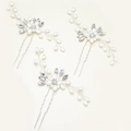 U-shaped hair pins with silver wires, white pearls and crystals for bridal styling - Set of 3 Silver Pin White Wire