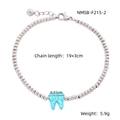 Bracelet en perles argentées avec pendentif dent en opale bleue et fermoir mousqueton - Argent/Dent Bleue (NMSB-F215-2)