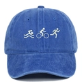 Close-up of triathlon embroidery on a washed blue vintage style baseball cap - Adjustable / Sapphire Blue