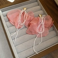 Close-up of pink fabric flower earrings with gold heart studs and bead tassels in a gift box - Pink Petal Gold Heart Beaded (40#)
