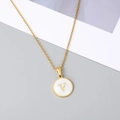 18K gold plated necklace with a round shell pendant featuring a gold letter V design - Style Letter V / Gold