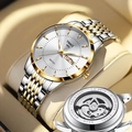 Men's two-tone steel watch with day-date display and waterproof stainless steel case back - Two-tone White Dial (Mechanical Back)