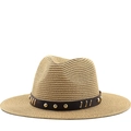 Sombrero fedora de paja color kaki para hombre con banda de cuero y tachuelas - 58cm / Caqui