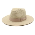 Detail of hand-woven straw fedora hat featuring a beige sun-shading wide brim and ribbon - M (56-58cm) / Beige
