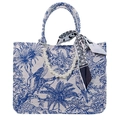 Blue Toile de Jouy tiger embroidered tote bag with pearl chain and silk scarf - With Pearl Chain and Satin Scarf / Blue Floral Print