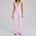 Pink athletic jumpsuit featuring slim straps and wide-leg trousers in brushed fabric - S / Pink