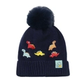 Detail of navy knit kids beanie with colorful dinosaur embroidery and a faux fur pompom - M (52-54cm) / Navy Blue