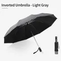 Light grey automatic inverted umbrella with windproof double layer and reflective stripe - 10 Ribs Black Coating Inverted Flashlight Umbrella Light Grey