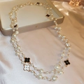 French vintage double-layered long pearl necklace with classic clover charms on satin - Necklace - Gold (Leaf)