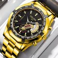 Men's business watch with black chronograph dial and gold stainless steel band - Gold Strap Black Dial