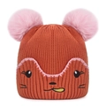 Cute orange baby knit hat with double pink pom poms and embroidered cartoon face - One Size / Caramel color