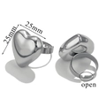 Detail view of 25mm silver heart open ring with dimension markings and adjustable band - Flat Style - Steel