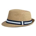 Classico cappello di paglia da uomo con nastro a righe blu su sfondo bianco - M (56-58cm) / Cachi Scuro